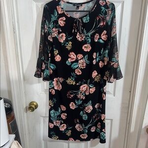 Roz & Ali - Women’s Medium Floral Black Dress with Pink and Green Accents